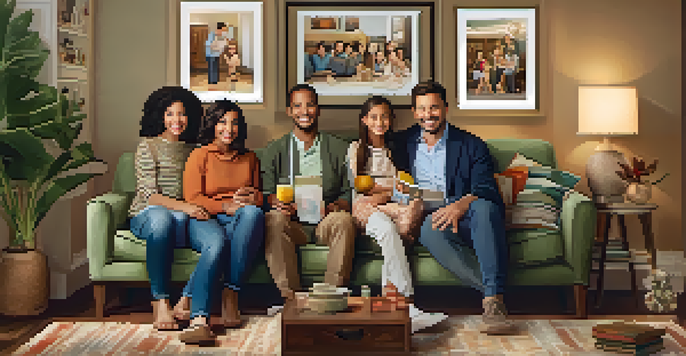 A warm family gathering in a living room with smiles, surrounded by framed photos and digital screens of memories.
