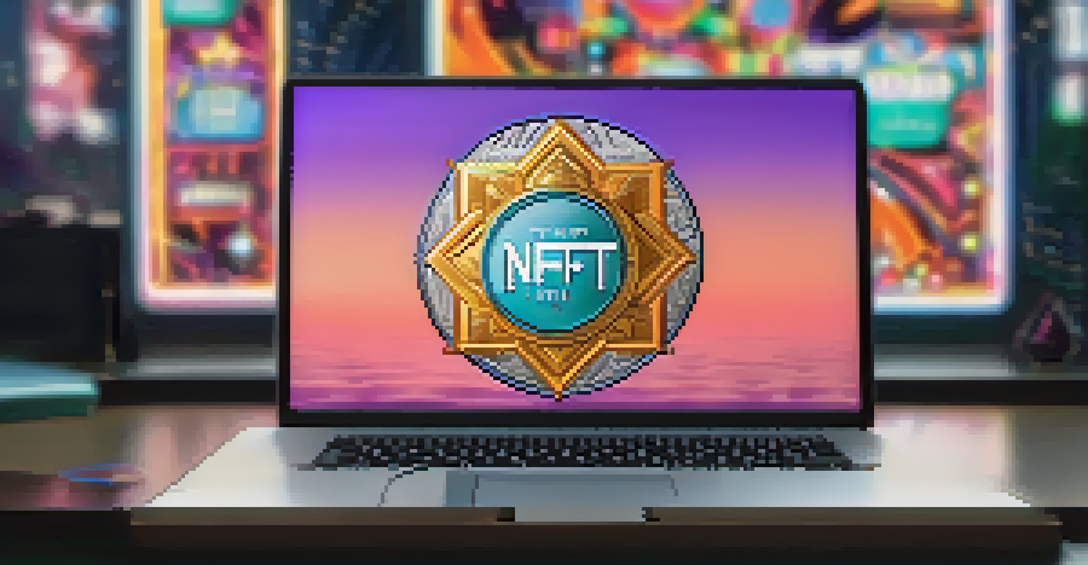 A close-up view of a glowing NFT badge on a digital device, with a blurred digital gallery in the background.