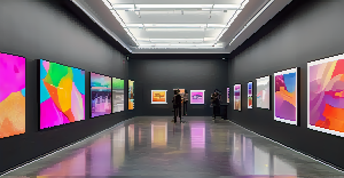 A digital art gallery with people admiring colorful NFT artworks displayed on modern screens, illuminated by warm lighting.