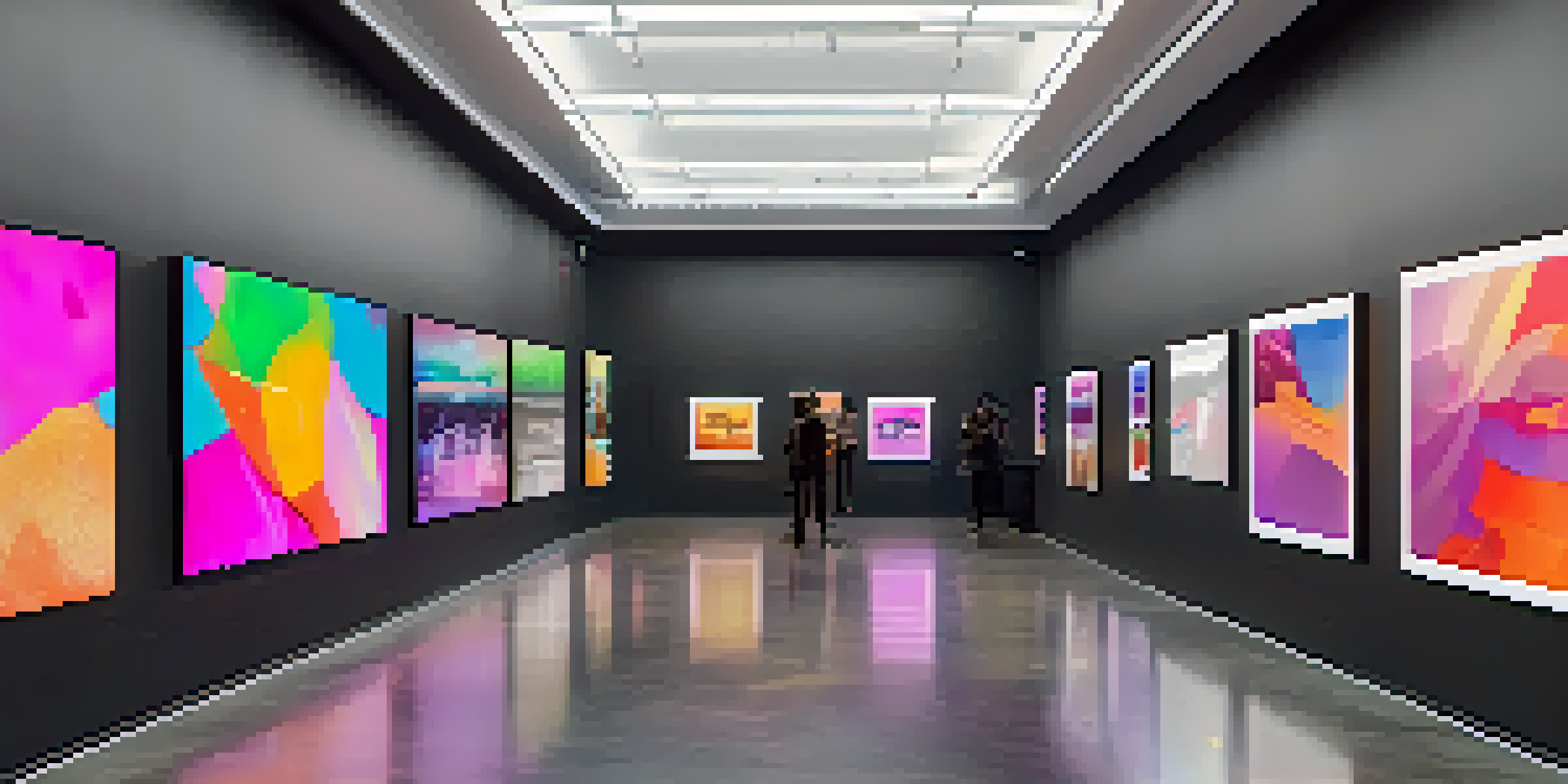 A digital art gallery with people admiring colorful NFT artworks displayed on modern screens, illuminated by warm lighting.
