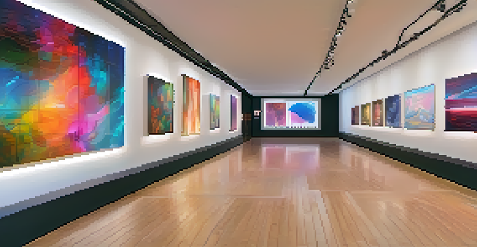 A virtual reality gallery with colorful digital artworks and visitors admiring the pieces under warm lighting.