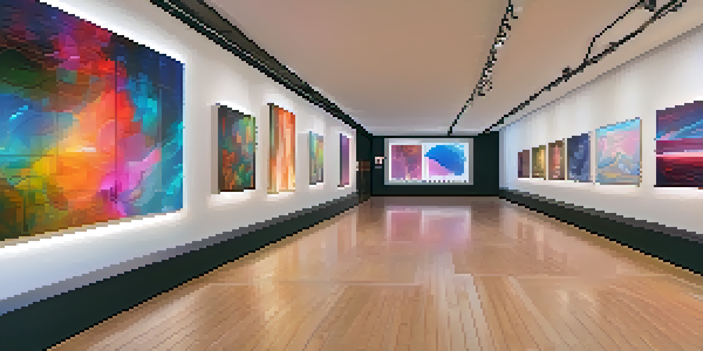 A virtual reality gallery with colorful digital artworks and visitors admiring the pieces under warm lighting.