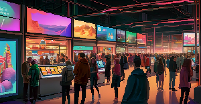 A lively NFT marketplace with screens showcasing digital art and people interacting with the platform in a warm, colorful environment.
