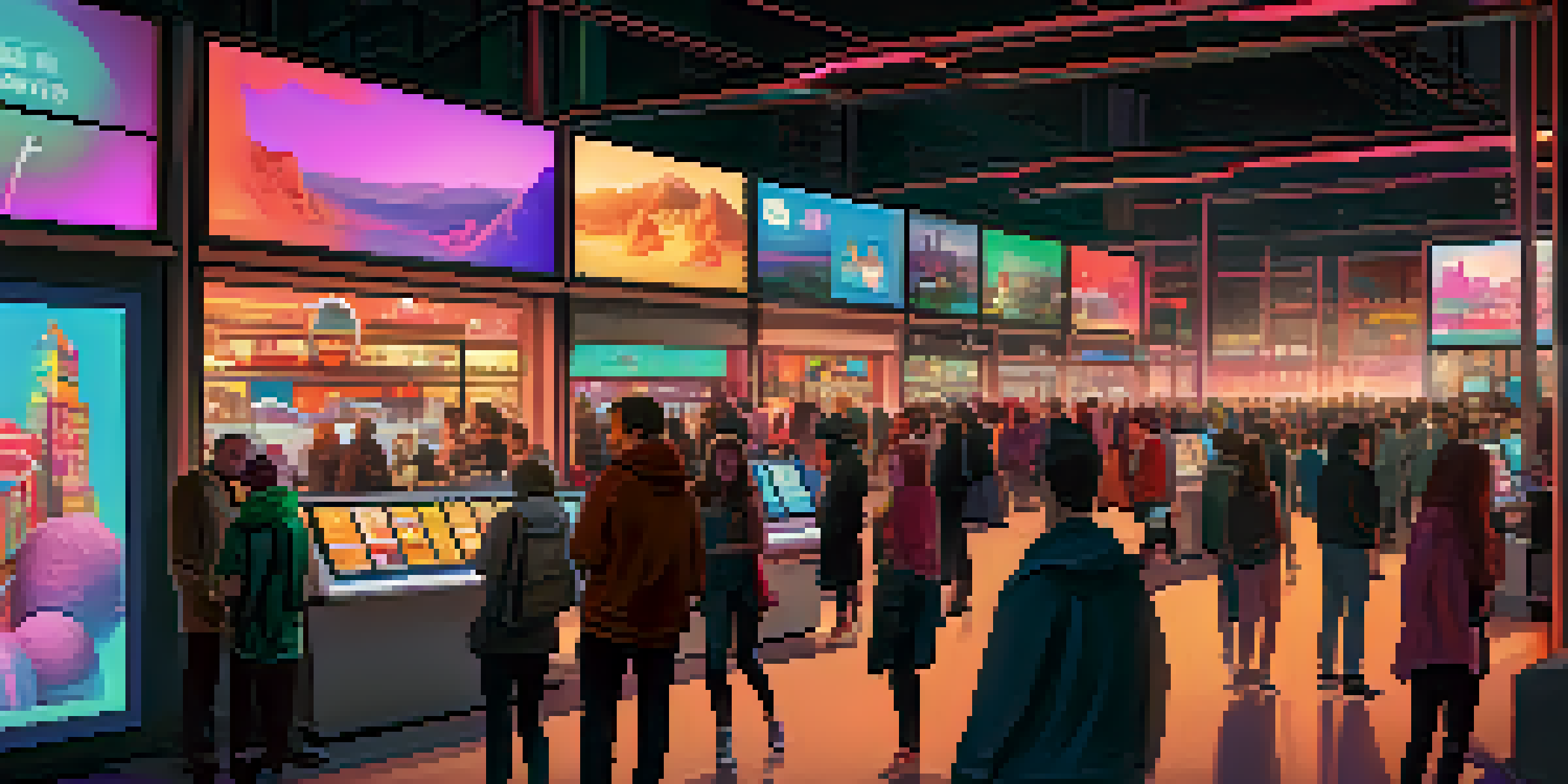 A lively NFT marketplace with screens showcasing digital art and people interacting with the platform in a warm, colorful environment.
