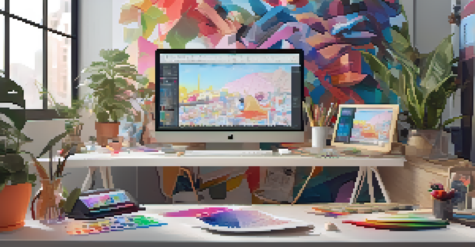A modern workspace for digital fashion design, featuring a computer with 3D clothing models, sketches, and vibrant decor.