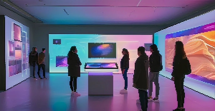 A digital art gallery with holographic screens displaying colorful NFTs and visitors admiring the artworks in a modern setting.