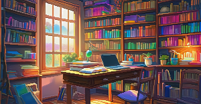 An inviting author's workspace with books, a laptop, and colorful stationery illuminated by sunlight, featuring NFT artwork on the wall.