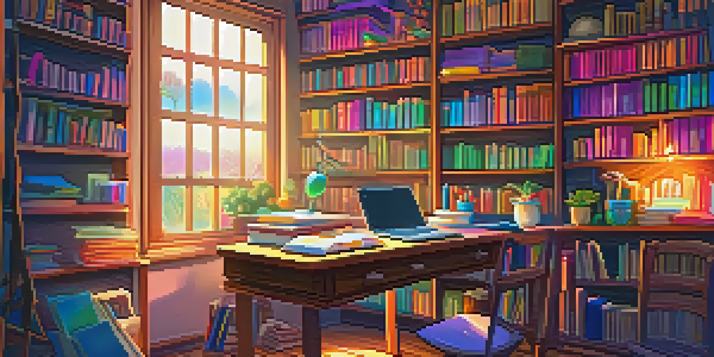 An inviting author's workspace with books, a laptop, and colorful stationery illuminated by sunlight, featuring NFT artwork on the wall.