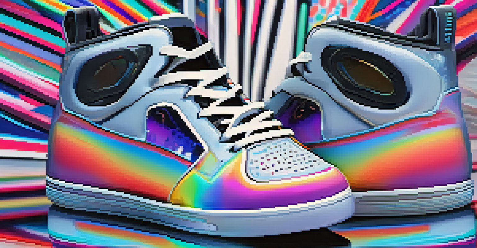 A close-up of holographic virtual shoes on a reflective surface, surrounded by colorful digital art elements.