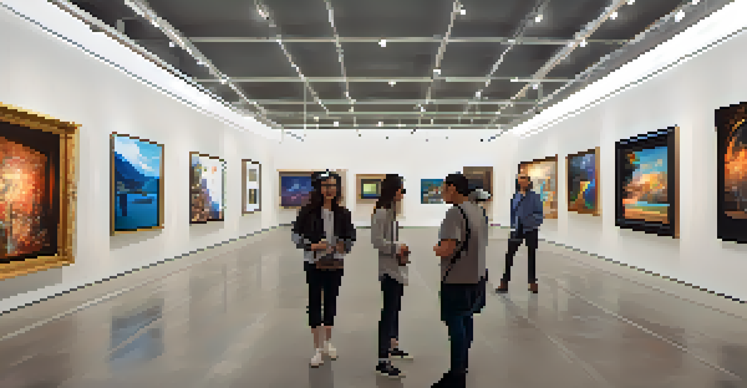 An immersive virtual reality gallery filled with diverse cultural digital art, with visitors using VR headsets.
