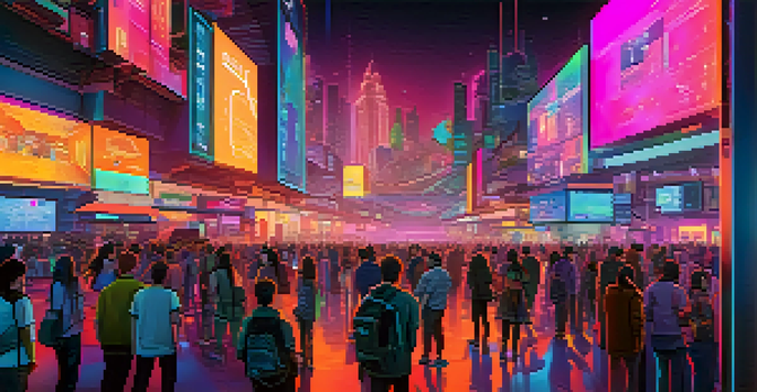 A lively digital art marketplace filled with various unique NFTs and users interacting with the platform, set against a futuristic city skyline.