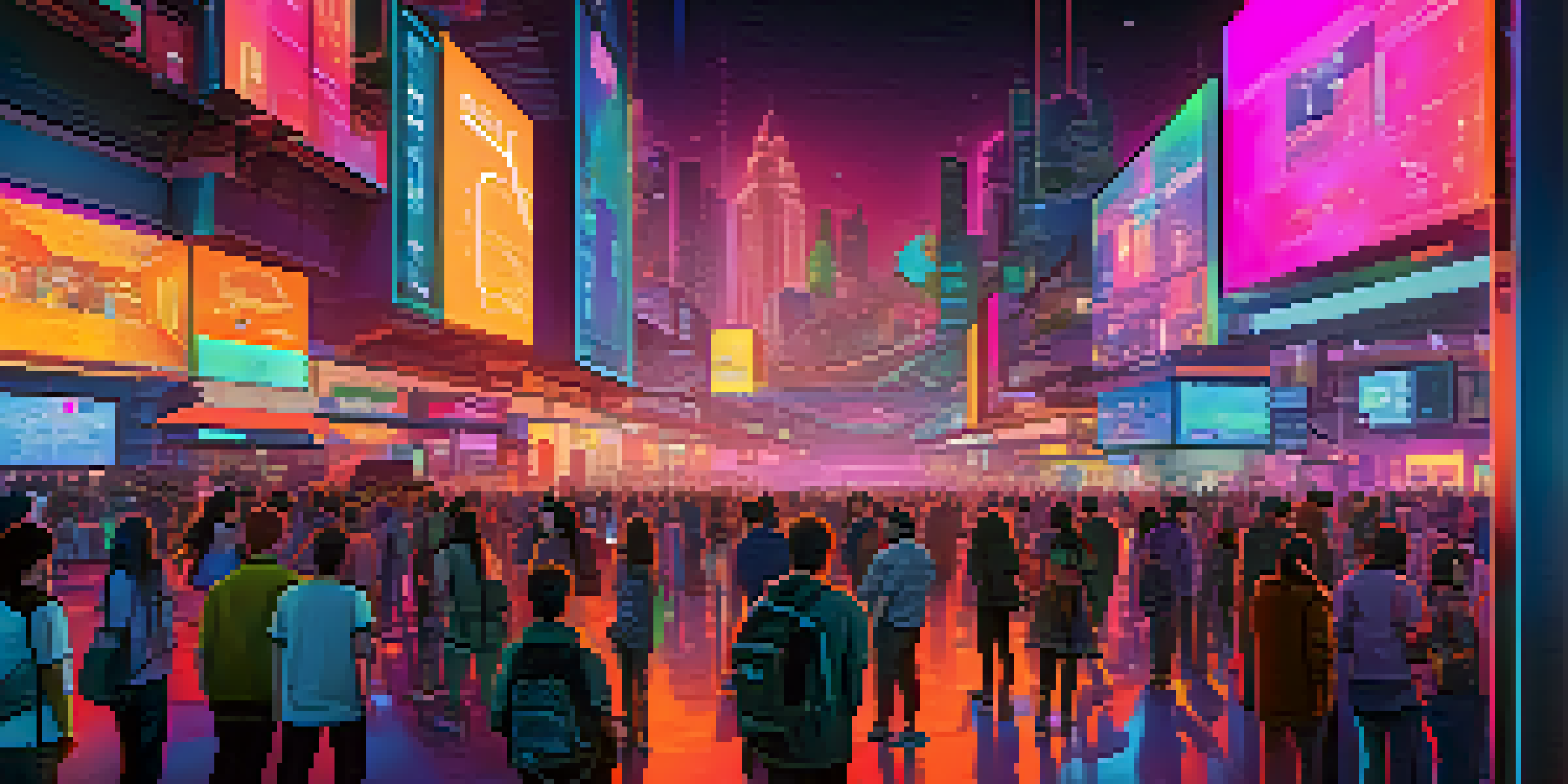 A lively digital art marketplace filled with various unique NFTs and users interacting with the platform, set against a futuristic city skyline.