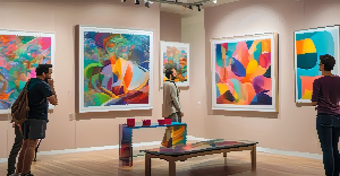 A digital art gallery displaying colorful NFTs with people discussing the artworks.