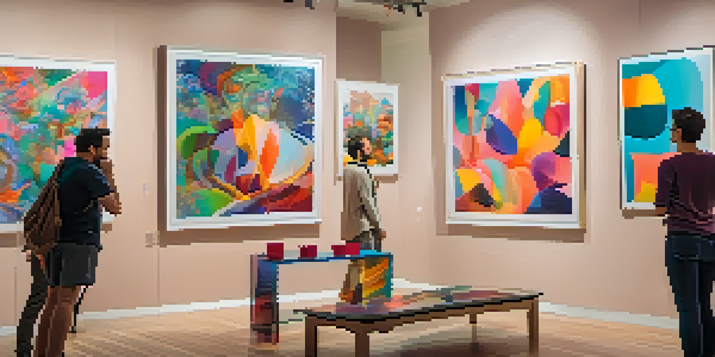 A digital art gallery displaying colorful NFTs with people discussing the artworks.