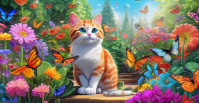 A whimsical animated cat in a colorful garden with flowers and butterflies.