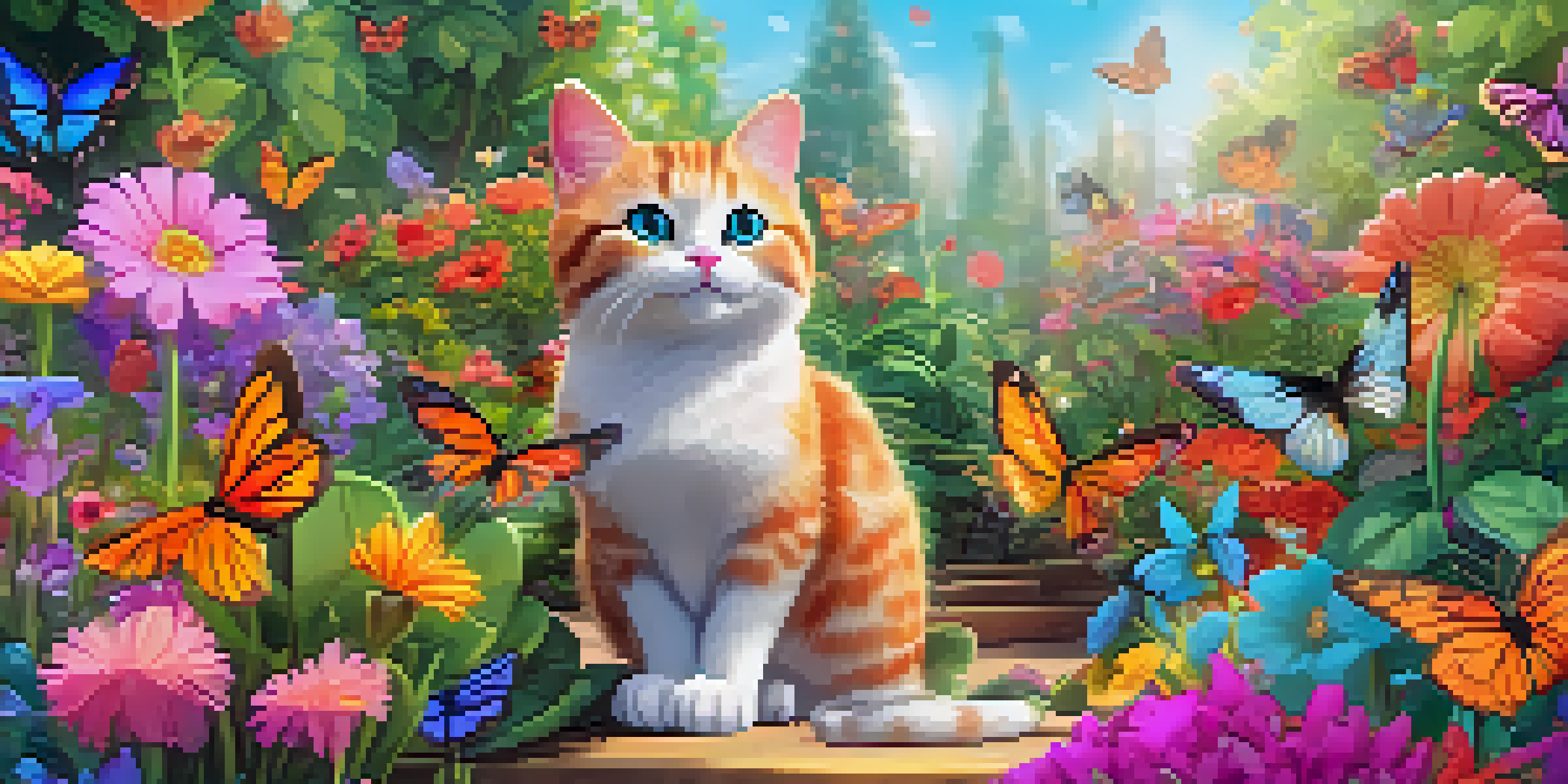 A whimsical animated cat in a colorful garden with flowers and butterflies.