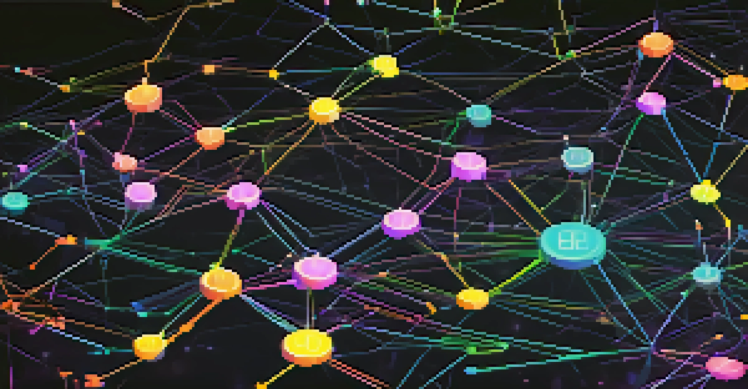 A digital visualization of a blockchain network with glowing nodes and colorful NFT icons, showcasing digital ownership.