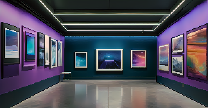 A digital art gallery filled with colorful NFT artworks under soft ambient lighting.
