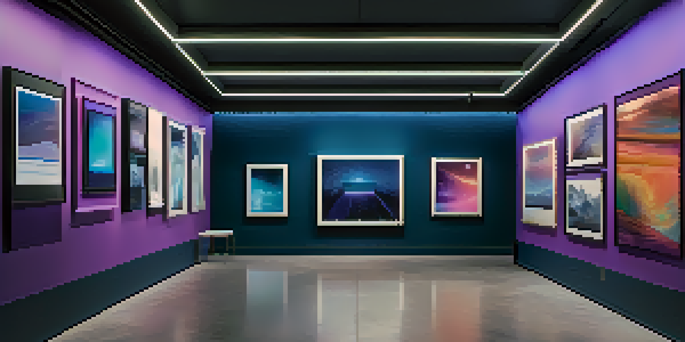 A digital art gallery filled with colorful NFT artworks under soft ambient lighting.