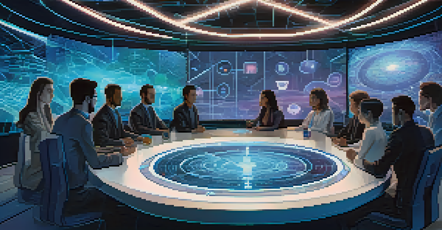A futuristic virtual DAO meeting with avatars around a holographic table for voting.