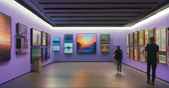 A digital art gallery showcasing various NFTs with visitors interacting and appreciating the art.