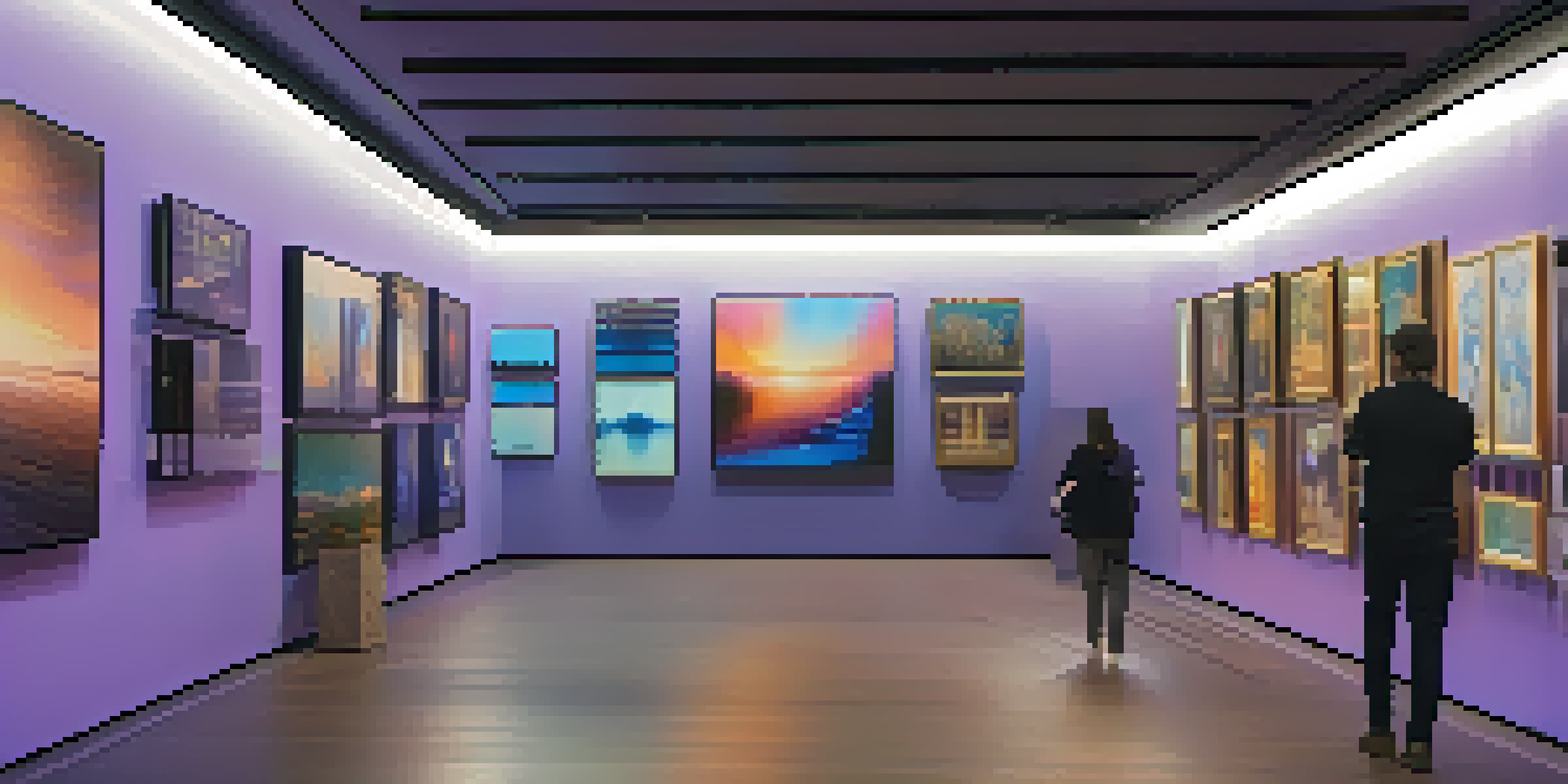 A digital art gallery showcasing various NFTs with visitors interacting and appreciating the art.