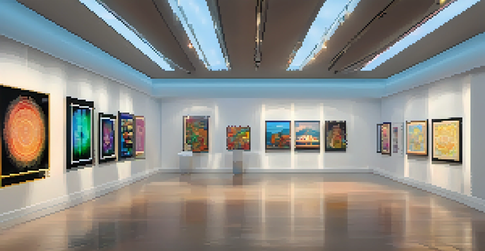 A modern digital art gallery filled with colorful NFT displays on screens, illuminated by soft ambient lighting.