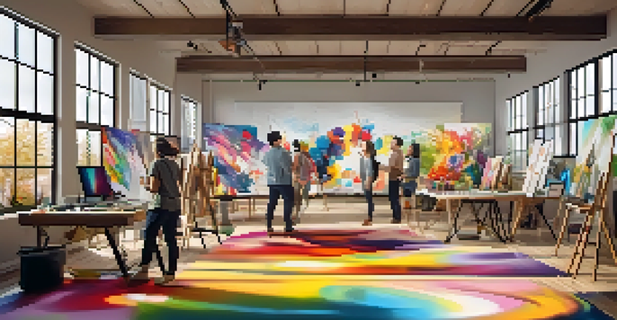 A digital art studio with diverse artists working together on a large canvas, filled with colorful abstract designs and natural light.