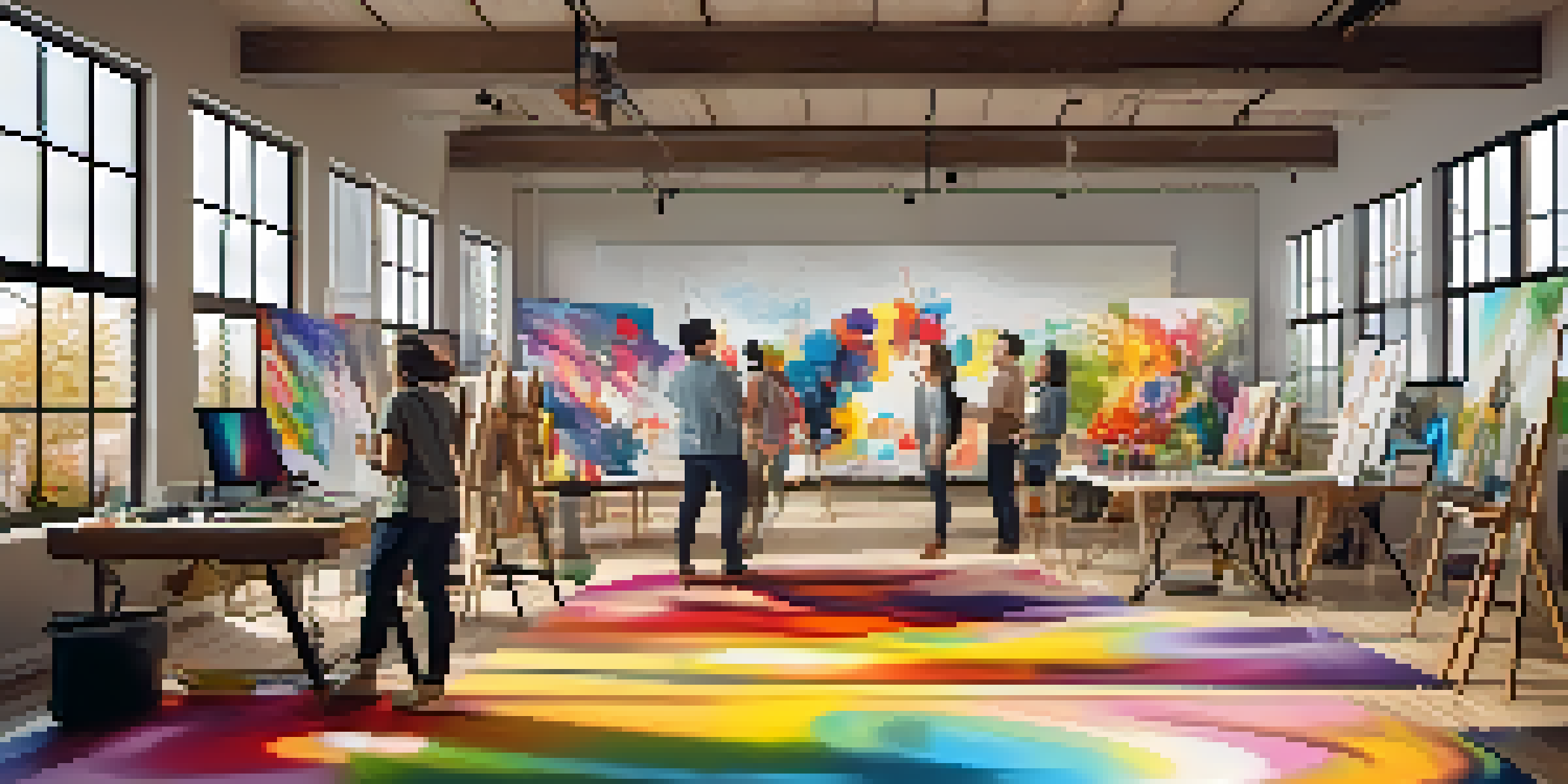A digital art studio with diverse artists working together on a large canvas, filled with colorful abstract designs and natural light.