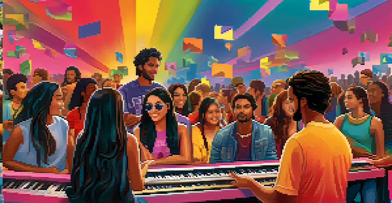 A Hispanic musician on one side of a split screen engaging with fans on the other side, with colorful music notes and digital tokens representing NFTs.