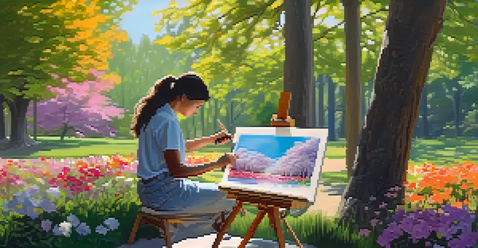 An artist painting outdoors, inspired by NFTs, in a beautiful natural setting filled with flowers and sunlight.