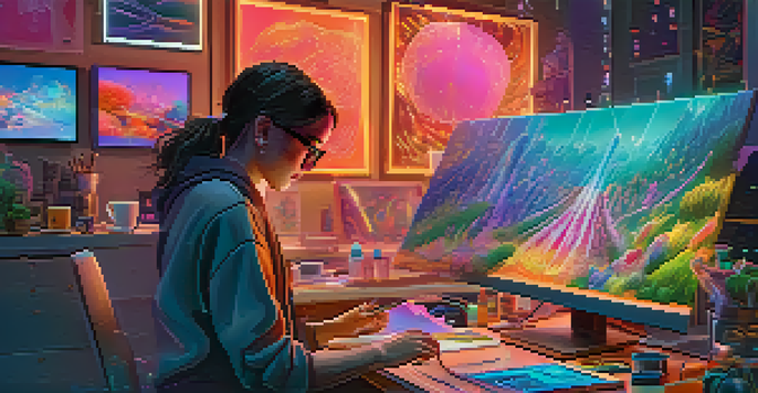 An artist creating vibrant NFT art in a modern workspace filled with technology.