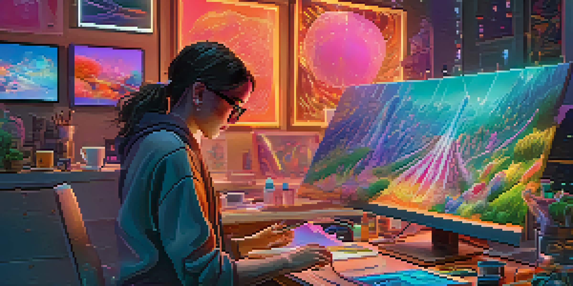 An artist creating vibrant NFT art in a modern workspace filled with technology.