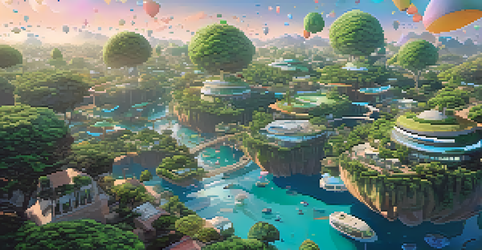 A vibrant metaverse landscape with floating islands representing virtual real estate NFTs and artistic digital elements in the sky.