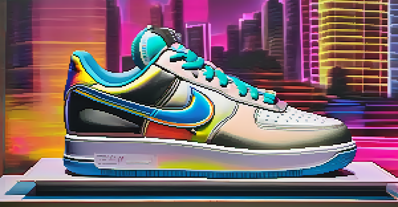 A digital sculpture of a limited-edition sneaker on a rotating pedestal with dynamic lighting.