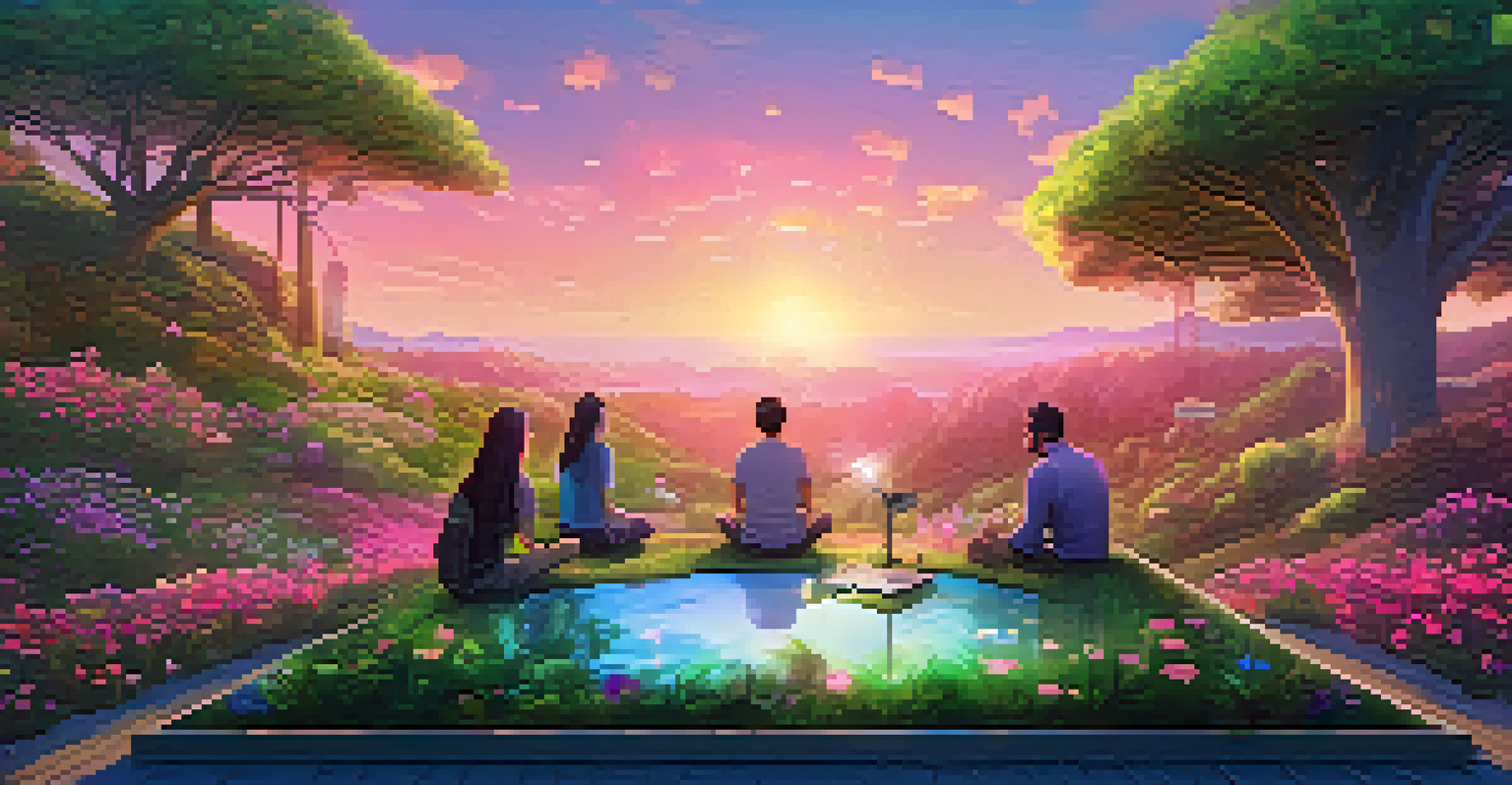 A virtual landscape with a digital forest and a diverse group of people collaborating on eco-friendly NFT projects at a table.