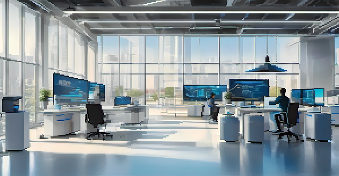 A high-tech office environment showcasing employees monitoring supply chain data and NFT tracking on screens.