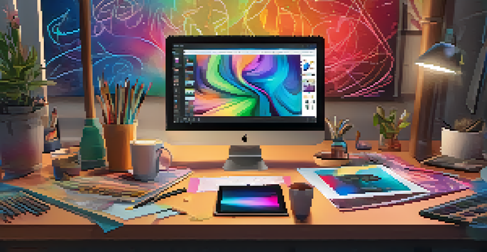 A cozy digital art workspace with a tablet, colorful sketches, and NFTs on a screen, illuminated by warm lighting.