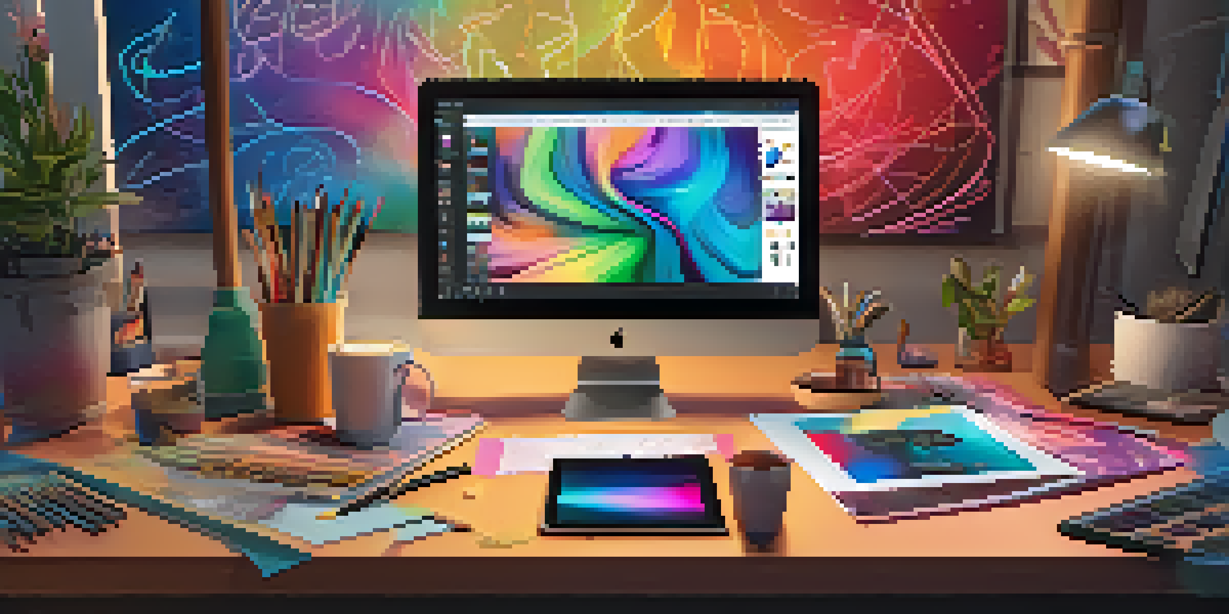 A cozy digital art workspace with a tablet, colorful sketches, and NFTs on a screen, illuminated by warm lighting.