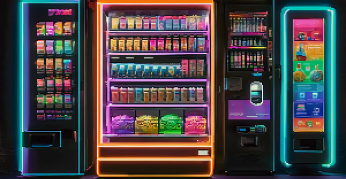 A futuristic digital vending machine displaying colorful NFTs on a touchscreen, illuminated with neon lights against a dark background.