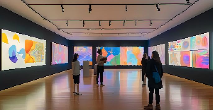 A digital art gallery featuring vibrant NFT artworks displayed on screens, with visitors admiring the pieces in a softly lit environment.