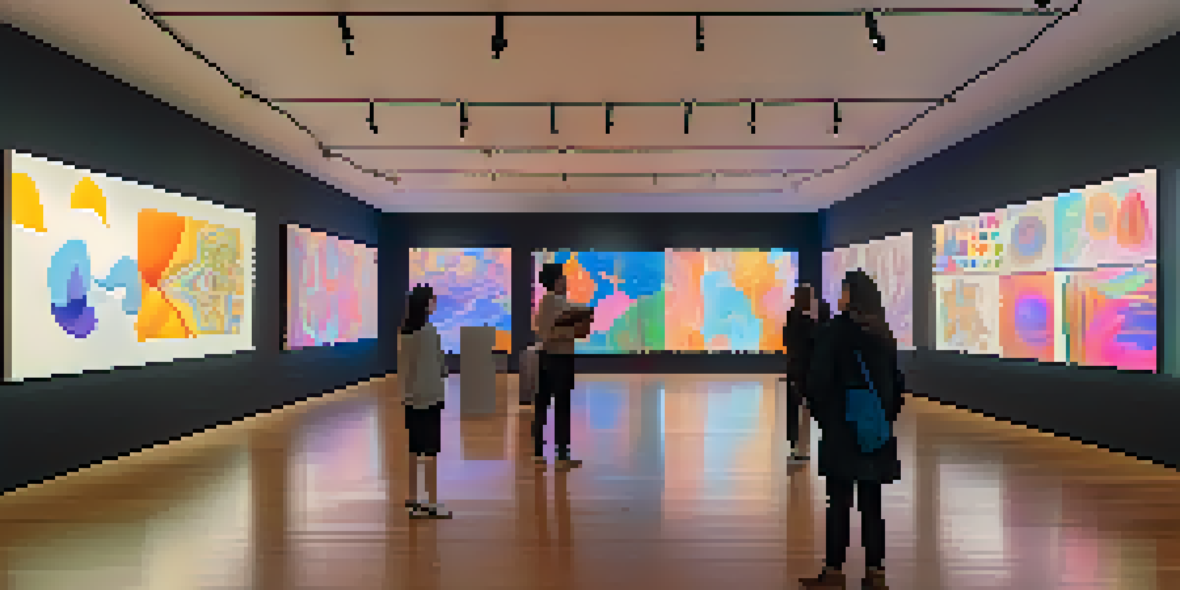 A digital art gallery featuring vibrant NFT artworks displayed on screens, with visitors admiring the pieces in a softly lit environment.