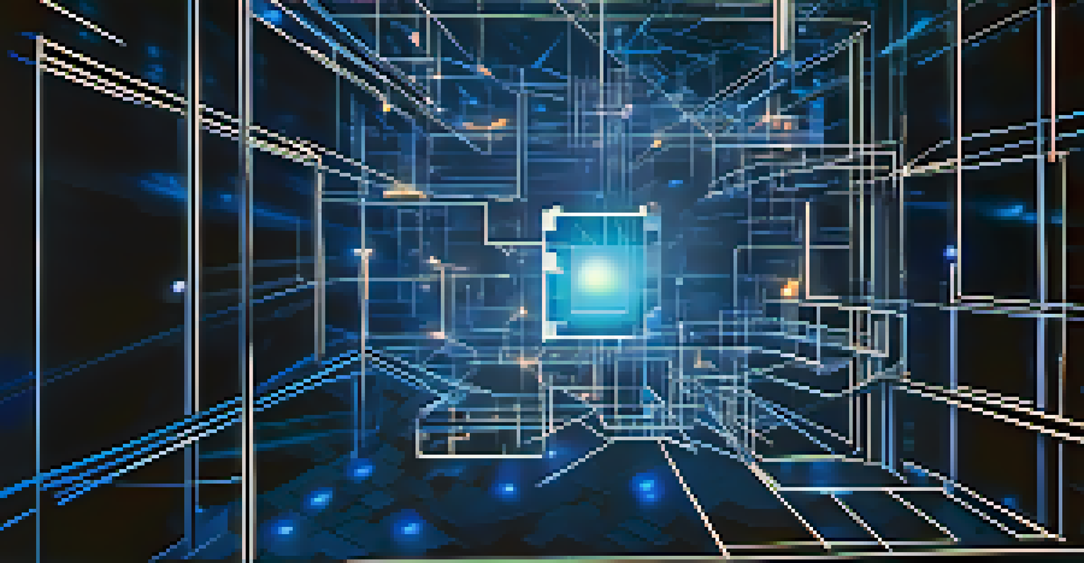 An abstract depiction of blockchain technology with glowing interconnected blocks against a deep blue background.
