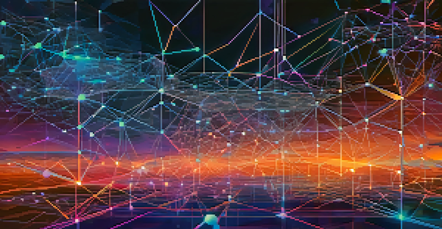 An abstract representation of blockchain technology with glowing lines and floating NFT tokens against a deep blue background.