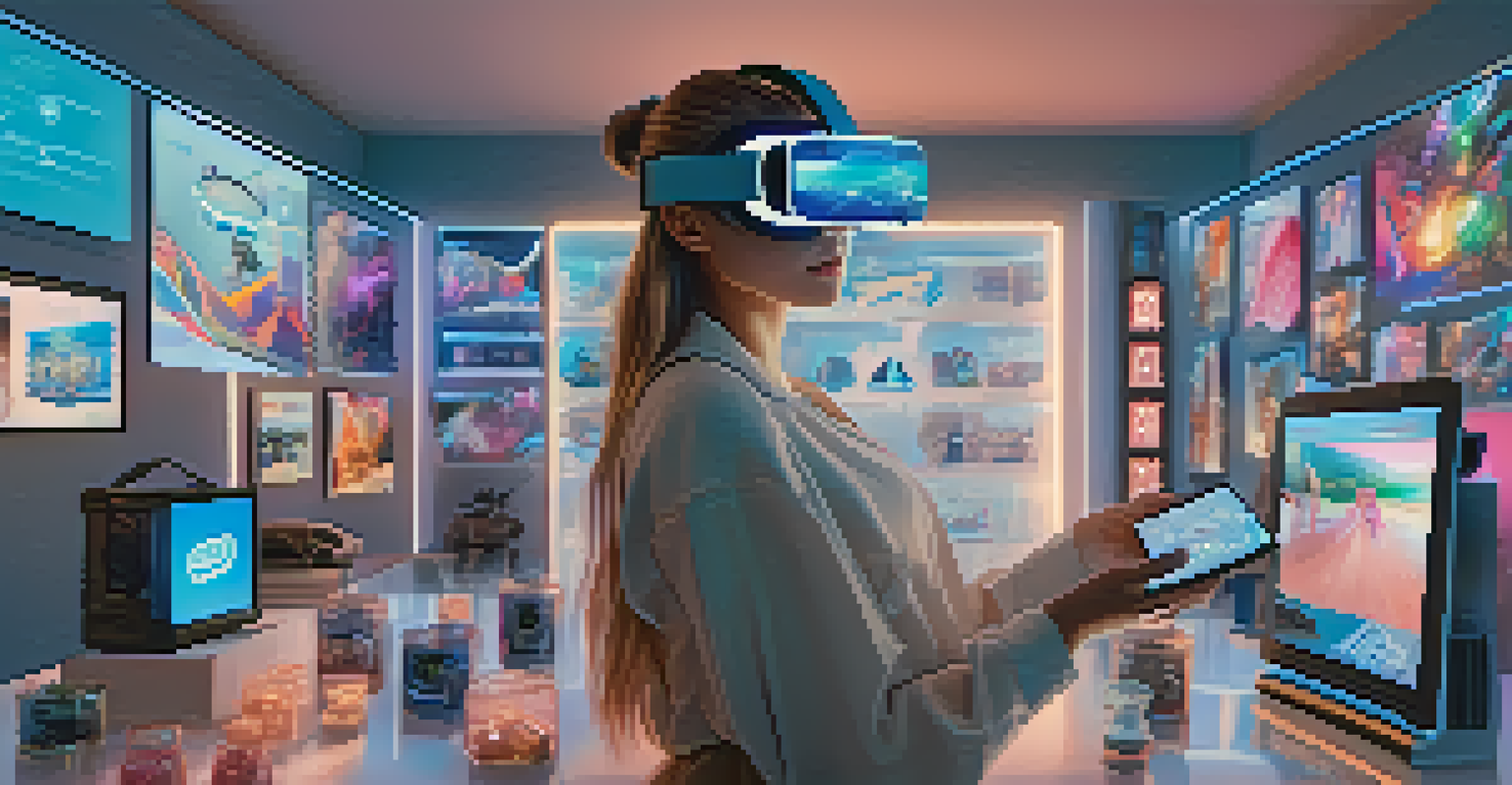 A young woman using augmented reality to interact with NFT displays in a modern e-commerce environment.