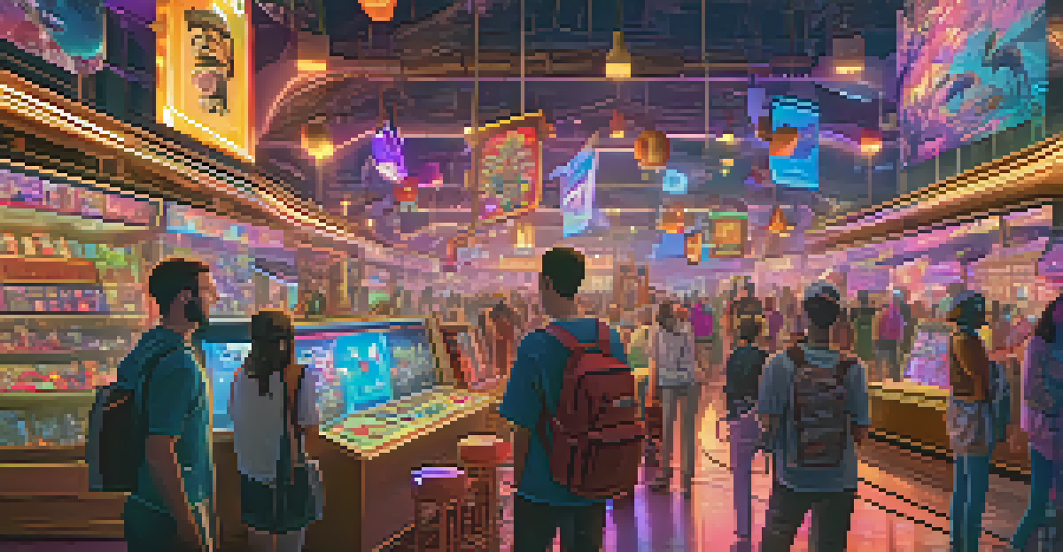 A digital art piece showing unique NFT items and players trading in a vibrant marketplace.