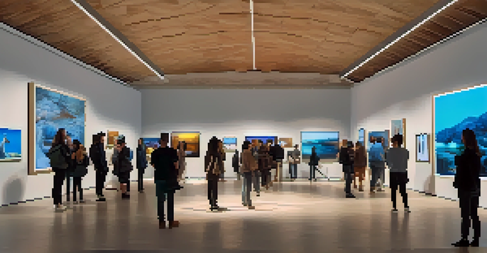 A digital art gallery with people admiring various artworks displayed on screens, featuring soft lighting and a warm color palette.