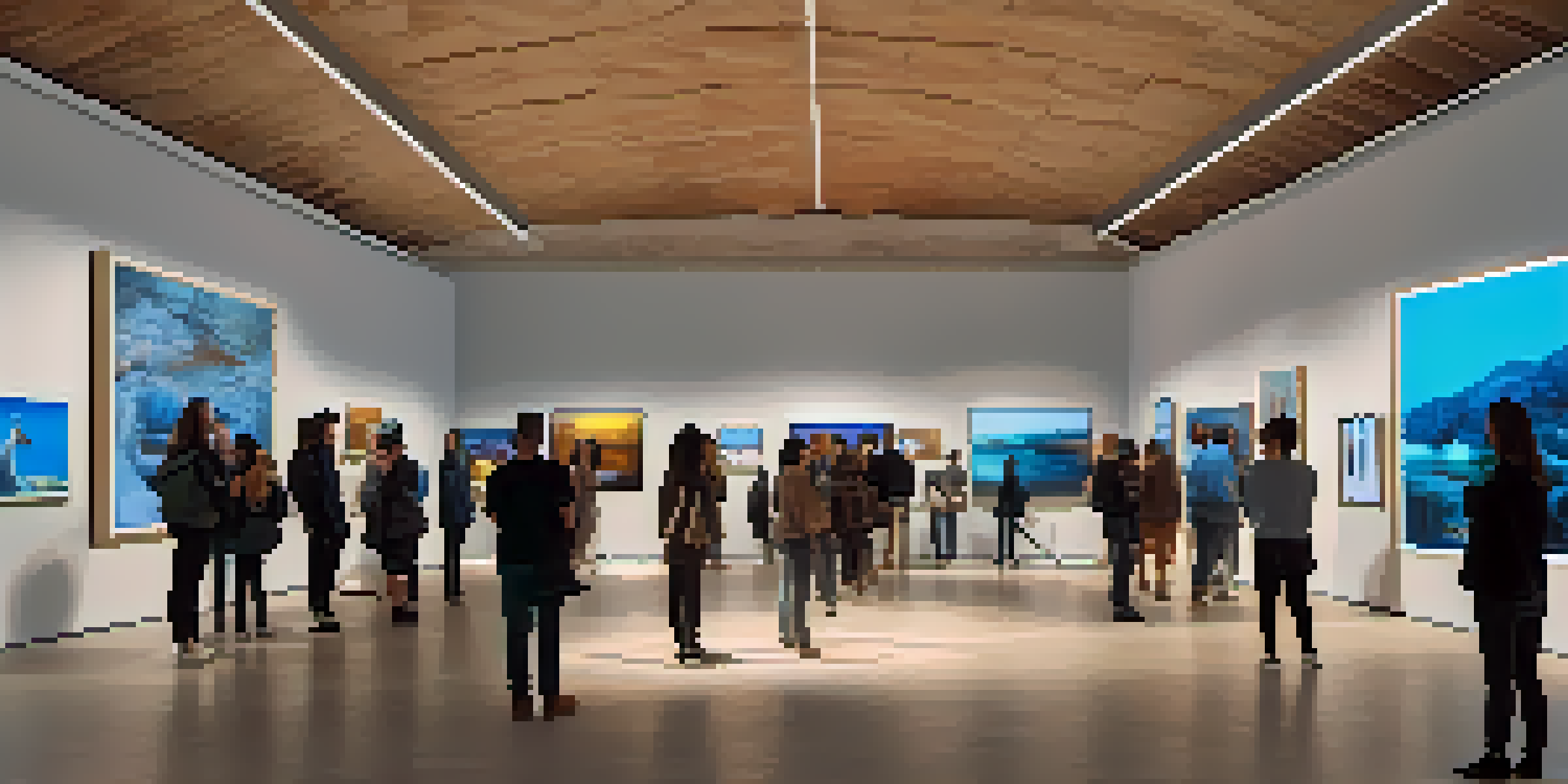 A digital art gallery with people admiring various artworks displayed on screens, featuring soft lighting and a warm color palette.