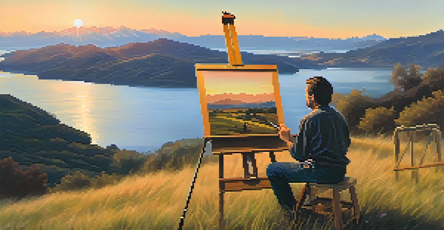 An artist painting a landscape on a hilltop during sunset, with mountains and a river in the background.
