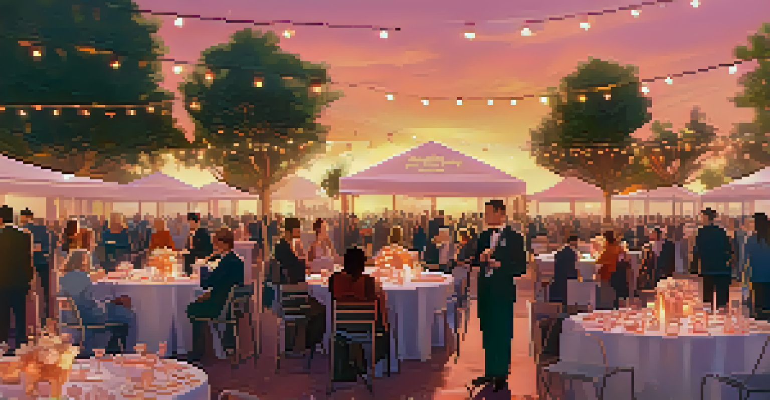 An outdoor charity gala at sunset with attendees bidding on traditional auction items and digital NFT displays, illuminated by string lights.